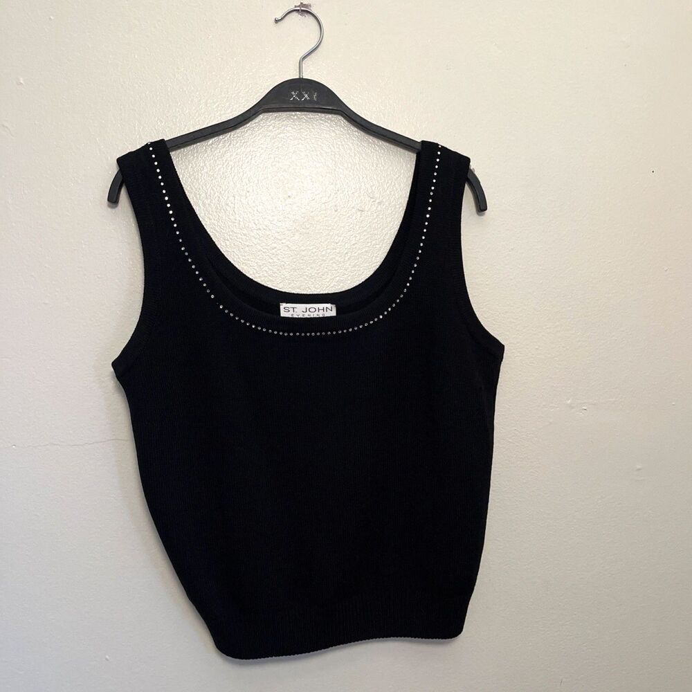 St John Evening Scoopneck Rhinestone Trimmed Knit Tank, Black- Small